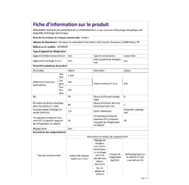 Réfrigérateur congélateur en haut Proline DD209WH