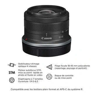 Appareil photo hybride Canon Pack Appareil photo hybride Canon EOS R100 Noir + RF-S 18-45mm f/4.5-6.3 IS STM + RF-S 55-210mm f/5-7.1 IS STM + 2eme batterie + chargeur