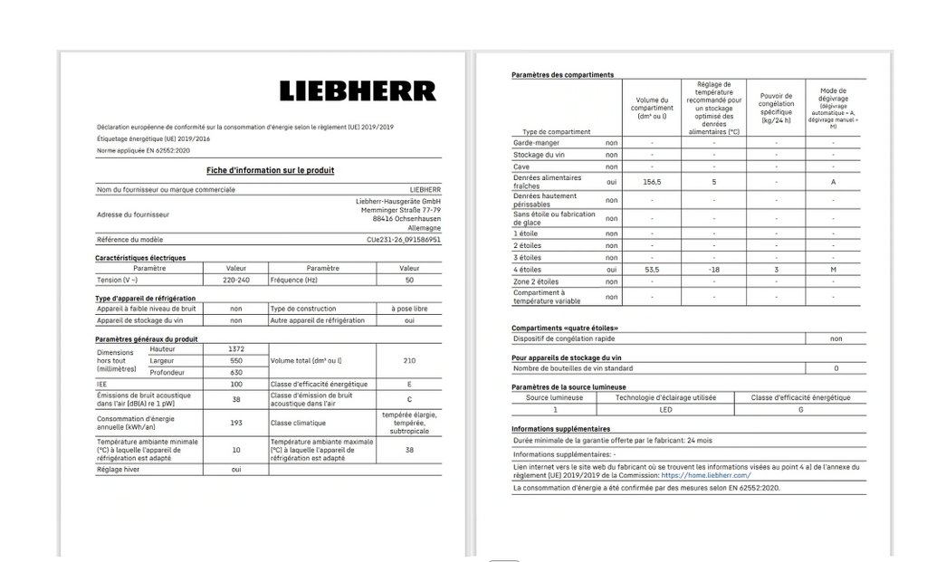Réfrigérateur congélateur en bas Liebherr CUE231-26
