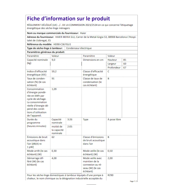 Sèche-linge pompe à chaleur Haier HD90-C367GU1-FR