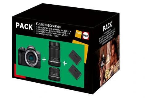 Appareil photo hybride Canon Pack Appareil photo hybride Canon EOS R100 Noir + RF-S 18-45mm f/4.5-6.3 IS STM + RF-S 55-210mm f/5-7.1 IS STM + 2eme batterie + chargeur