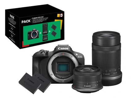 Appareil photo hybride Canon Pack Appareil photo hybride Canon EOS R100 Noir + RF-S 18-45mm f/4.5-6.3 IS STM + RF-S 55-210mm f/5-7.1 IS STM + 2eme batterie + chargeur