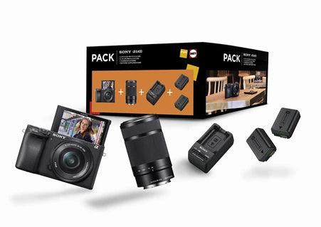 Appareil photo hybride Sony Pack A6400 + FE 16-50 mm + FE 55-210 mm + chargeur externe + 2ème batterie