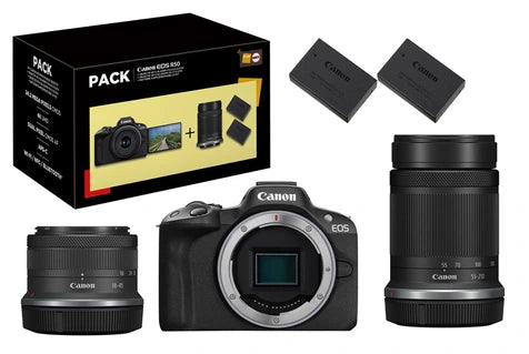 Appareil photo hybride Canon Pack EOS R50 + RF-S 18-45mm f/4.5-6.3 IS STM + RF-S 55-210mm f/5-7.1 IS STM + 2eme batterie + chargeur