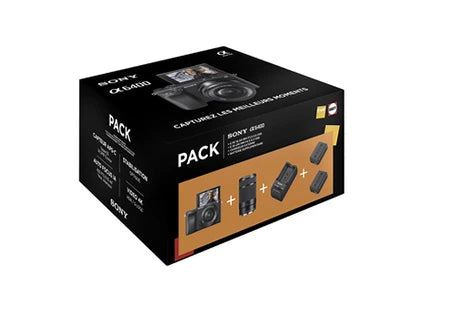Appareil photo hybride Sony Pack A6400 + FE 16-50 mm + FE 55-210 mm + chargeur externe + 2ème batterie