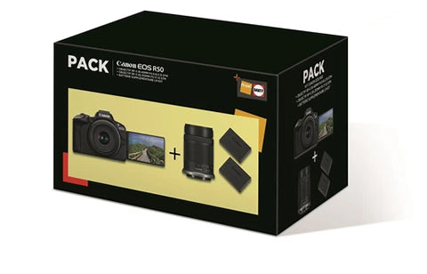 Appareil photo hybride Canon Pack EOS R50 + RF-S 18-45mm f/4.5-6.3 IS STM + RF-S 55-210mm f/5-7.1 IS STM + 2eme batterie + chargeur